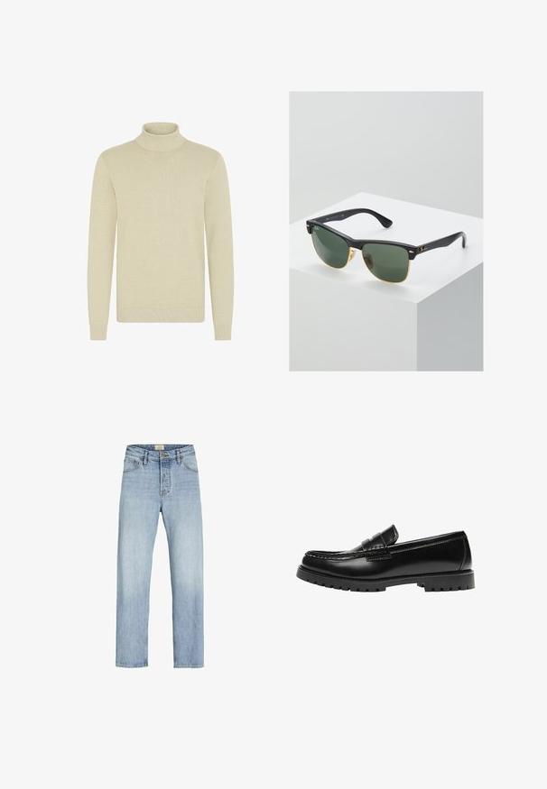 Lys beige turtleneck sweater med et struktureret strikmønster, lange ærmer og ribbede manchetter og kant. Blødt, hyggeligt stof.; Lysblå denim jeans med lige pasform, fem-lomme design, knap- og lynlåslukning samt subtilt slid på stoffet.; Sort læderloafer med en kraftig gummisål og klassiske penny-strap detaljer, vist fra ydersiden.; Ray-Ban solbriller med grønne linser, sorte plastikstel og gyldne detaljer ved kanterne. Firkantet form med mat finish.