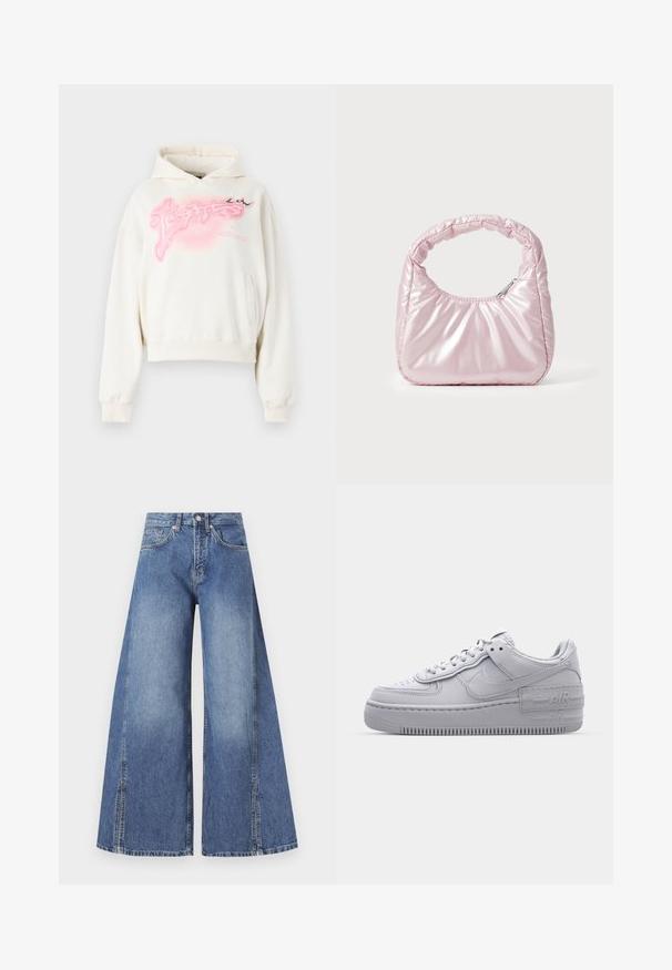 Kreemikarva lühike kapuutsiga sviiter, mis on valmistatud pehmest kangast. Omab roosa graafilist kujundust ja esist taskut. Sisaldab paelaga kapuutsi ja soonikutega varrukaid.; Heledad denim püksid helesinisest toonist. Valmistatud tekstureeritud puuvillast, millel on kõrge vöökoht, eesmine taskud ja eristuvad külgõmblused.; Hallitus hallid Nike Air Force 1 sneakerid, millel on augustatud varvas, siledast nahast ülemine osa, paks tall ning reljeefne 'AIR' detail kontsapadjal.; Roosa, polsterdatud käekott ümmarguse disainiga, valmistatud läikivast materjalist. Omab kogutud käepidet ja lukuga sulgemist, et tagada turvaline ligipääs.