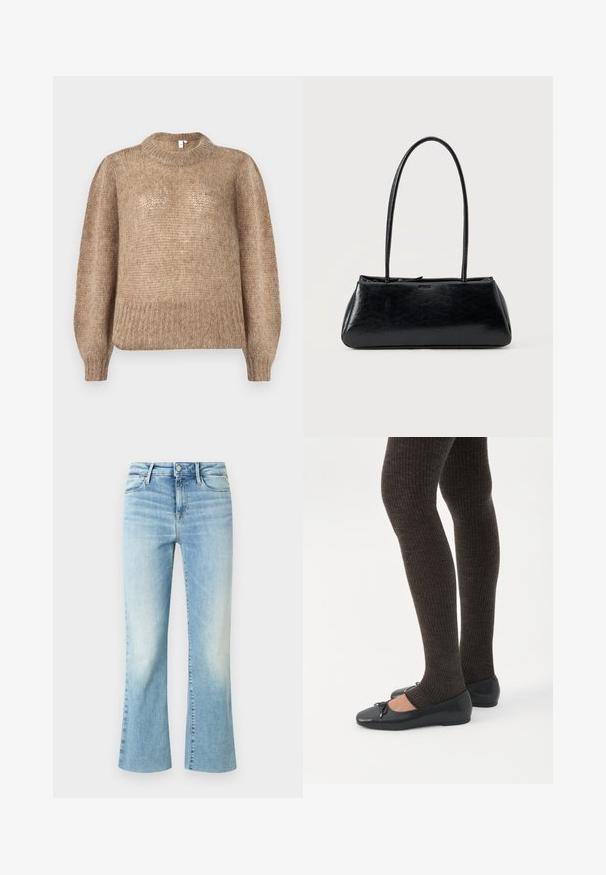 Beige strikket sweater med en ribbet rund halsudskæring og lange ballonsleeves. Stoffet har en blød, tekstureret finish.; Lyseblå denimjeans med en flared benstil, der har en falmet finish og synlige sømme. Inkluderer en knap- og lynlåslukning.; Ben iført mørke ribbede leggings kombineret med sorte balletsko med små sløjfedetaljer på hvid baggrund.; Sort rektangulær skuldertaske med lange tynde stropper og en glat, blank tekstur på en ensfarvet baggrund.