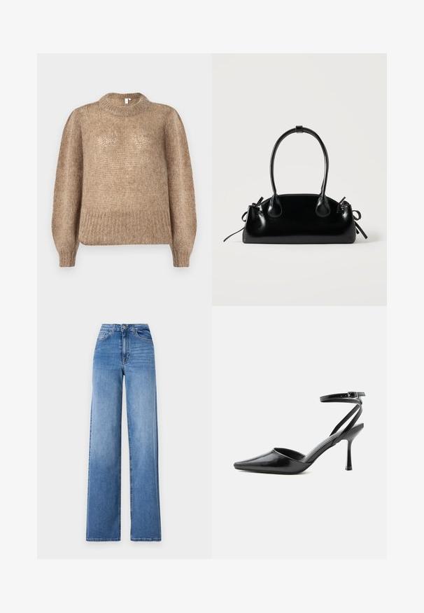 Pull en tricot beige avec un col rond ribbed et de longues manches bouffantes. Le tissu présente une finition douce et texturée.; Jeans en denim bleu clair à jambes larges, dotés d'une taille haute, de poches avant et d'une fermeture à bouton standard. Texture lisse.; Escarpin noir à bout pointu avec fines brides de cheville et fermeture à boucle argentée sur fond clair uni.; Petit sac à main noir brillant avec deux longues anses et des détails à cordon sur les côtés sur un fond clair uni.
