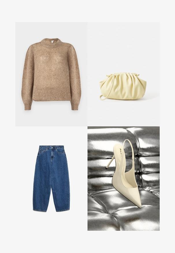 Beige strikket sweater med en ribbet rund halsudskæring og lange ballonsleeves. Stoffet har en blød, tekstureret finish.; Blå denimjeans med høj talje, afslappet pasform og lige ben. Klassisk design med fem lommer, lynlås og knaplukning.; Kremfarvet slingback-højhælet sko i laklæder med spids tå og tynd hæl, hvilende på en skinnende sølvfarvet tekstureret overflade.; Gul plisseret håndtaske lavet af glat kunstlæder, med en blød form, en enkelt skulderrem og samlet topdesign.