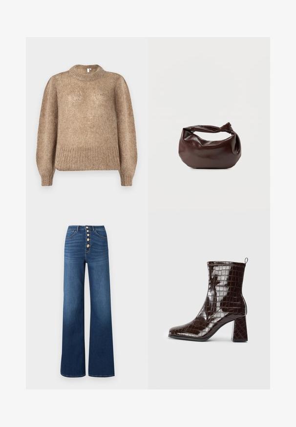 Beige strikket sweater med en ribbet rund halsudskæring og lange ballonsleeves. Stoffet har en blød, tekstureret finish.; ONLY ONLMADISON BLUSH BUT WIDE - Jeans Relaxed Fit - medium blue denim; Mørkebrun patentlæder ankelstøvle med krokodillemønster, blokhæl og trækstrop bagpå mod hvid baggrund.; Mørkebrun læder skuldertaske med en blød, afslappet form og et snoet knudehåndtag på en ensartet hvid baggrund.