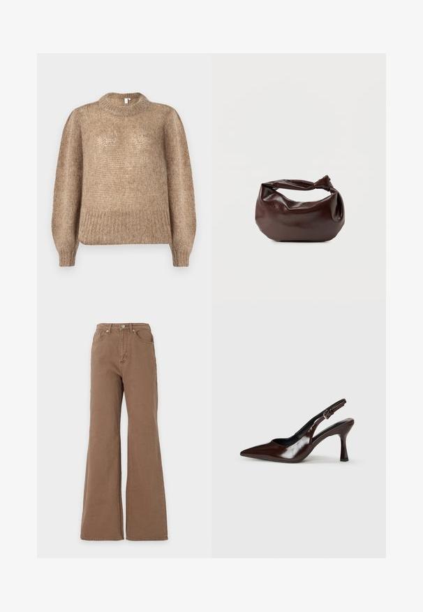Pull en tricot beige avec un col rond ribbed et de longues manches bouffantes. Le tissu présente une finition douce et texturée.; Jean marron taille haute avec jambe évasée, fermeture par boutons sur le devant, poches avant et arrière, présenté sur un fond uni.; Talons slingback en cuir verni brun avec un bout pointu, un talon fin, et une sangle réglable avec une petite boucle.; Sac bandoulière en cuir marron foncé avec une forme souple et décontractée et une anse nouée torsadée sur un fond blanc uni.
