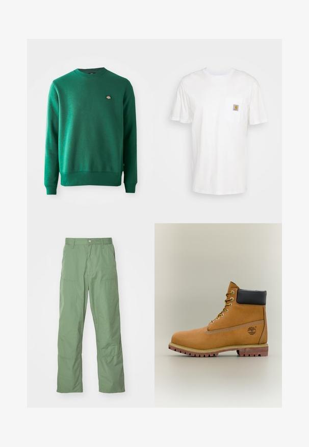 Sweatshirt vert en tissu mélangé coton. Il dispose d'un col rond côtelé, de manches longues et d'un petit logo cousu sur la poitrine.; T-shirt en coton blanc à manches courtes, avec une poche poitrine et un petit patch logo carré en orange et blanc sur la poche.; Pantalons vert clair, coupe décontractée avec une texture lisse, dotés de poches latérales et de détails de coutures visibles. Longueur complète avec un design à jambe droite.; Bottine en cuir marron avec col noir, lacets jaunes et semelle beige. Présente un logo et des détails de couture blanche. Semelle extérieure à traction robuste.