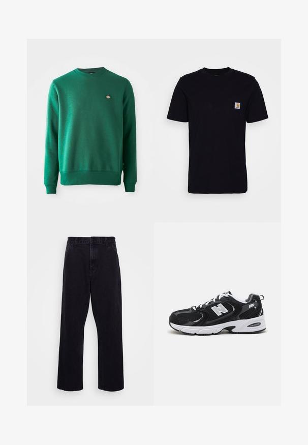 Grüne Sweatshirt aus einem Baumwollmischgewebe. Verfügt über einen gerippten Rundhalsausschnitt, lange Ärmel und ein kleines Logopatch auf der Brust.; Schwarzes Baumwoll-T-Shirt mit kurzen Ärmeln, rundem Hals und einer Brusttasche, die mit einem kleinen, quadratischen Logo-Patch versehen ist. Einfaches, einfarbiges Design.; Schwarze Jeanshose mit geradem Bein, ausgestattet mit einem Knopf- und Reißverschluss, Gürtelschlaufen und minimalen Nähdetails.; Schwarze und graue Sportschuhe mit Obermaterial aus Mesh und Wildleder, ausgestattet mit einer weißen Zwischensohle, Schnürsenkeln und einem markanten "N"-Logo an der Seite.