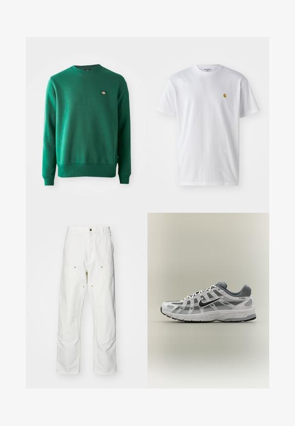 Grøn sweatshirt i blandet bomuldsstof. Har en ribbet rund halsudskæring, lange ærmer og et lille logo-elt på brystet.; Hvid bomulds t-shirt med korte ærmer, rund hals og et lille guld logo på venstre brystområde. Blød tekstur og almindelig pasform.; Hvide bomulds cargo bukser med en afslappet pasform. Funktioner inkluderer for- og baglommer, guldfarvede hardware detaljer og forstærkede knæsektioner.; Hvid og grå Nike P-6000 sneaker med sort swoosh, meshpaneler og tekstureret sål, vist i sideprofil på neutral baggrund.