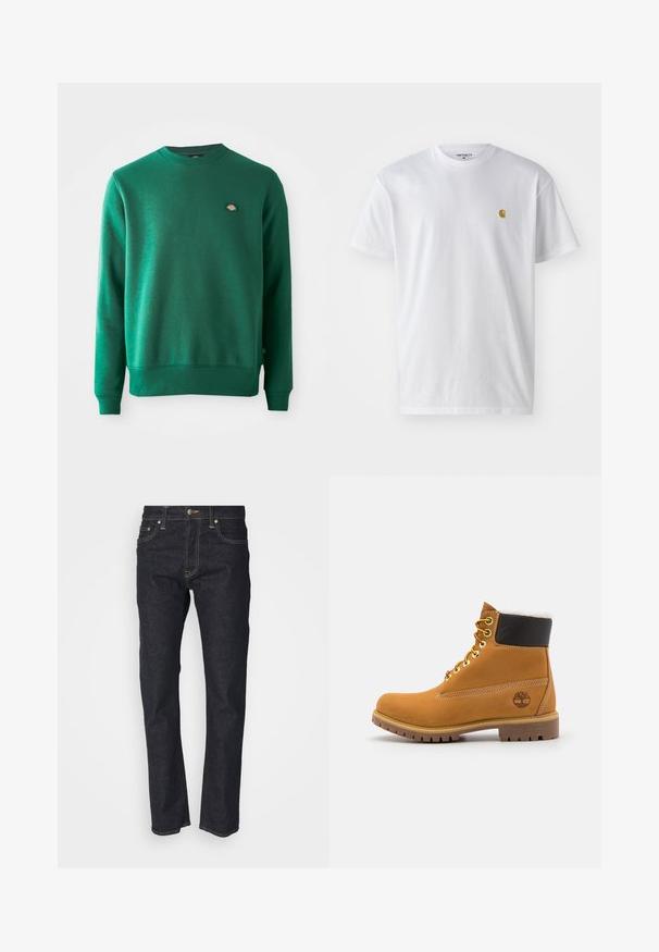 Grøn sweatshirt i blandet bomuldsstof. Har en ribbet rund halsudskæring, lange ærmer og et lille logo-elt på brystet.; Hvid bomulds t-shirt med korte ærmer, rund hals og et lille guld logo på venstre brystområde. Blød tekstur og almindelig pasform.; Mørkeblå denim jeans med lige pasform, der har knaplukning, fem lommer og gyldne stikninger. Glat tekstur.; Brune læder ankelstøvle med metaløjer, hvid pelsforing, sort polstret krave, robust sål og præget logo på siden.