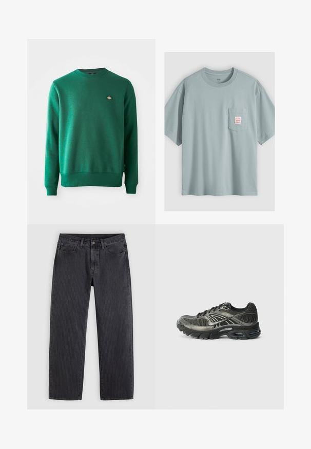 Groene sweatshirt van een katoenmix. Heeft een geribbelde ronde halslijn, lange mouwen en een klein logo-ophaal op de borst.; Lichtblauw katoenen T-shirt met korte mouwen en een borstzakje met een klein wit label met rode tekst.; Zwarte spijkerbroeken met verticale strepen en een rechte pasvorm, gemaakt van denim, met een knoopsluiting aan de voorkant en vijf zakken.; Zwarte en grijze Nike hardloopschoen met een bovenwerk van gaas, verzachtende zool, zichtbare luchtkussens en veters op een effen witte achtergrond.