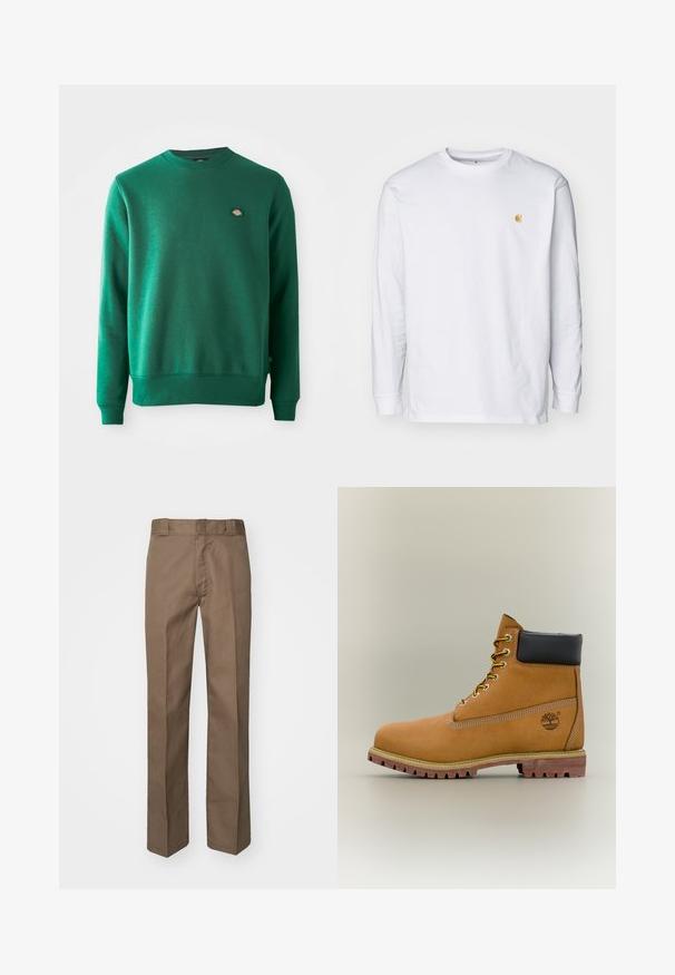 Grüne Sweatshirt aus einem Baumwollmischgewebe. Verfügt über einen gerippten Rundhalsausschnitt, lange Ärmel und ein kleines Logopatch auf der Brust.; Weißes Langarm-T-Shirt aus Baumwolle. Mit kleinem goldenem Logo auf der Brust und Rundhalsausschnitt. Einfaches Design und normale Passform.; Braune Hose mit flachem Vorderdesign, geraden Beinen und klassischem Bund. Aus strapazierfähigem Stoff gefertigt, ohne sichtbare Muster oder Verzierungen.; Brauner Leder-Stiefelette mit schwarzem Kragen, gelben Schnürsenkeln und hellbrauner Sohle. Verfügt über ein Logo und weiße Ziernähe. Robuste Profilsohle.