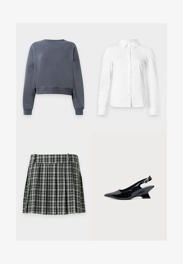 Grijze cropped sweatshirt gemaakt van zacht fabric met een ronde hals, geribbelde mouwen en een subtiele textuurpatroon op de voorkant.; Witte blouse met lange mouwen en knopen, met puntige kraag, rechte zoom en aansluitende silhouet, weergegeven op een effen lichte achtergrond.; Zwart-wit geruite geplisseerde rok met een gladde tailleband en meerdere verticale plooien. Gemaakt van lichte stof.; Zwarte lakleren slingback schoen met spitse neus en lage schuine blokhak op een effen lichte achtergrond.
