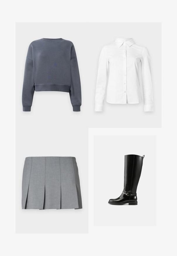 Sweatshirt gris court en tissu doux avec un col rond, des poignets côtelés et un motif texturé léger sur le devant.; Chemise blanche à manches longues avec boutons, col pointu, ourlet droit et silhouette ajustée, présentée sur un fond clair uni.; Jupe plissée grise avec une texture lisse, un design structuré et une taille ajustée. Fabriquée en tissu léger avec un motif subtile.; Bottes noires montantes en cuir verni, avec un détail de boucle argentée à la cheville et une conception à bout arrondi. Semelle plate.