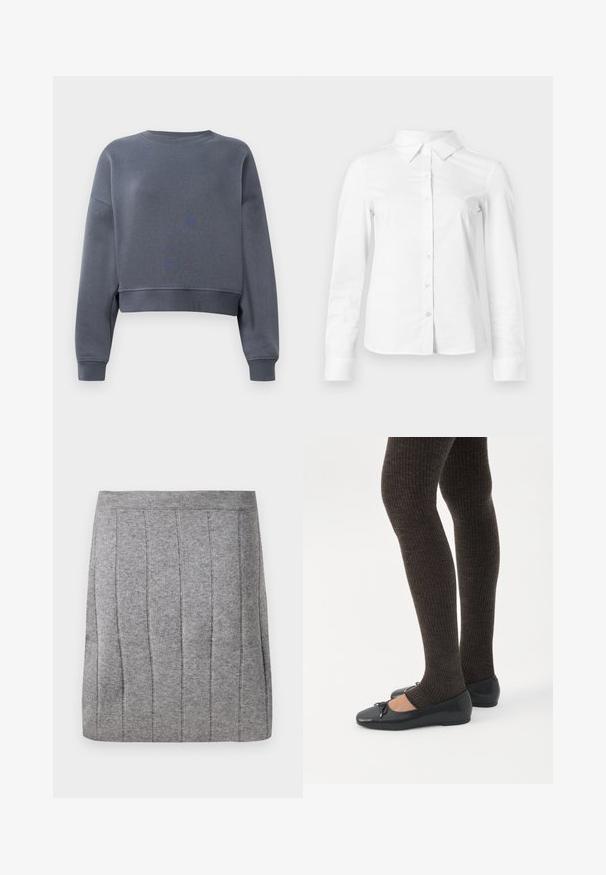 Sudadera gris cortada hecha de una tela suave, con un cuello redondo, puños acanalados y un ligero patrón de textura en la parte delantera.; Camisa blanca de manga larga con botones, cuello puntiagudo, bajo recto y silueta ajustada, presentada sobre un fondo claro y liso.; Object OBJTHESS - Minifalda - medium grey; Piernas con leggings oscuros acanalados combinados con bailarinas negras que presentan pequeños detalles de lazo sobre un fondo blanco.