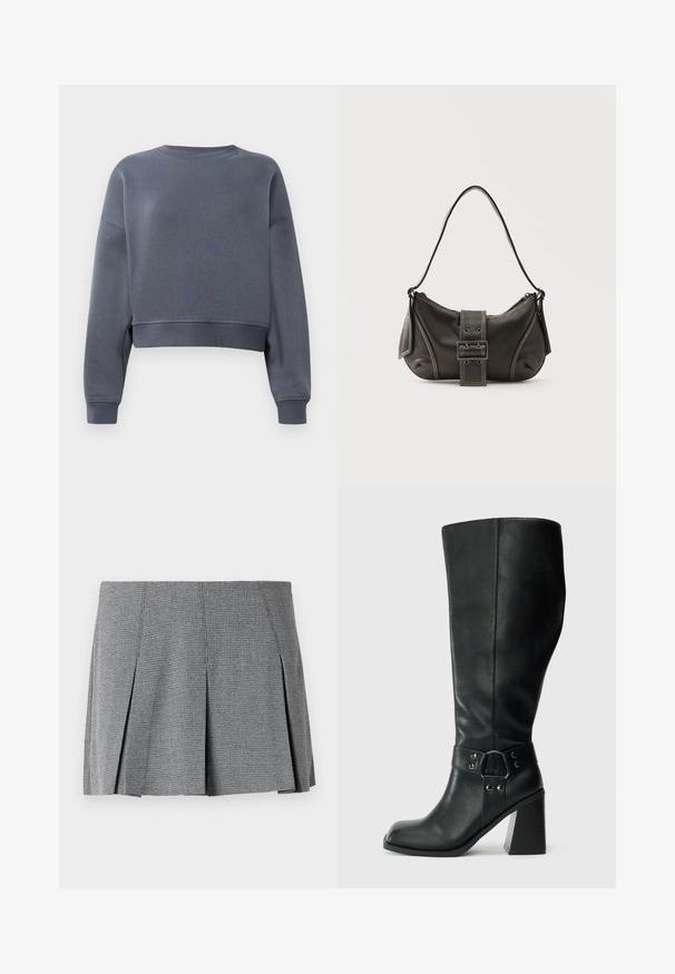 Grijze cropped sweatshirt gemaakt van zacht fabric met een ronde hals, geribbelde mouwen en een subtiele textuurpatroon op de voorkant.; Grijze geplooide mini-jurk gemaakt van textuurstof, met een ruitpatroon en een rechte snit met splitdetails aan de zijkant.; Kniehoge zwarte leren laarzen met een vierkante neus, brede hak en een decoratieve band met metalen accenten rond de enkel. Gladde textuur.; Zwarte leren schoudertas met gespsluiting aan de riem, afgeronde hoeken en contrasterende witte stiksels op een effen achtergrond.