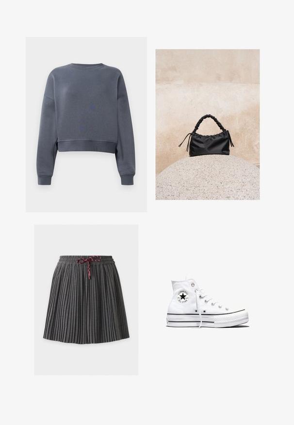 Sudadera gris cortada hecha de una tela suave, con un cuello redondo, puños acanalados y un ligero patrón de textura en la parte delantera.; Falda plisada gris oscuro con cintura elástica y cordón granate atado en el centro delantero.; Zapatilla blanca de caña alta Converse Chuck Taylor All Star con parche de logo negro y cordones blancos, presentada sobre fondo blanco.; Bolso negro fruncido con asa recogida, apoyado sobre una esfera de piedra texturizada frente a una pared de hormigón beige.
