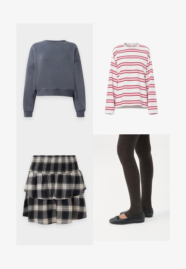 Sudadera gris cortada hecha de una tela suave, con un cuello redondo, puños acanalados y un ligero patrón de textura en la parte delantera.; Camiseta blanca de manga larga con rayas horizontales rojas y rosa claro, cuello redondo y corte relajado.; Falda de cuadros en blanco y negro con cintura fruncida. Presenta capas con volantes y una textura suave de algodón.; Piernas con leggings oscuros acanalados combinados con bailarinas negras que presentan pequeños detalles de lazo sobre un fondo blanco.