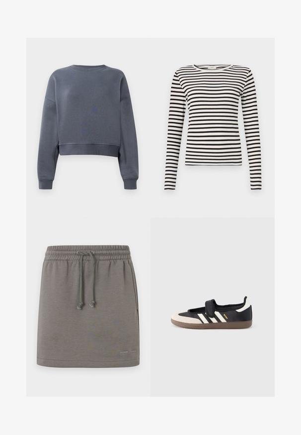 Grå cropped sweatshirt lavet af blødt stof med rund halsudskæring, ribbede manchetter og et svagt teksturmønster foran.; Sort og hvid stribet langærmet skjorte med rund halsudskæring og tætsiddende ribbet tekstur. Balanceret stribebredde over det hele.; Grå atletisk nederdel med elastisk taljebånd, justerbar snor og logodetalje. Glat tekstur og knælængde design.; Sort og beige sko med velcrolukning, tre hvide striber på siden og en tekstureret brun gummisål. Mærkelogo er synligt.