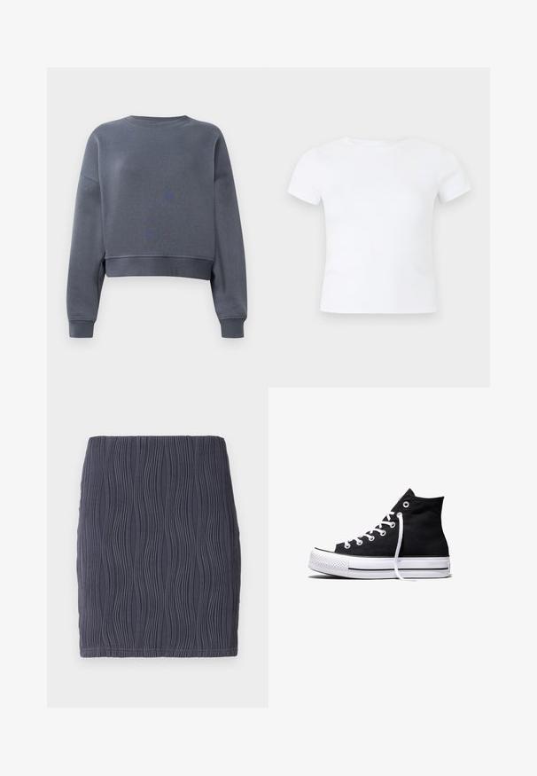 Sudadera gris cortada hecha de una tela suave, con un cuello redondo, puños acanalados y un ligero patrón de textura en la parte delantera.; Camiseta blanca lisa de manga corta con cuello redondo, presentada sobre un fondo neutro de color gris claro.; Falda mini ajustada de color gris oscuro con un patrón texturizado en forma de ondas y un acabado suave. Diseñada con un dobladillo recto y sencillo.; Zapatilla alta de lona negra con suela de goma blanca y cordones blancos, vista de lado sobre un fondo blanco.