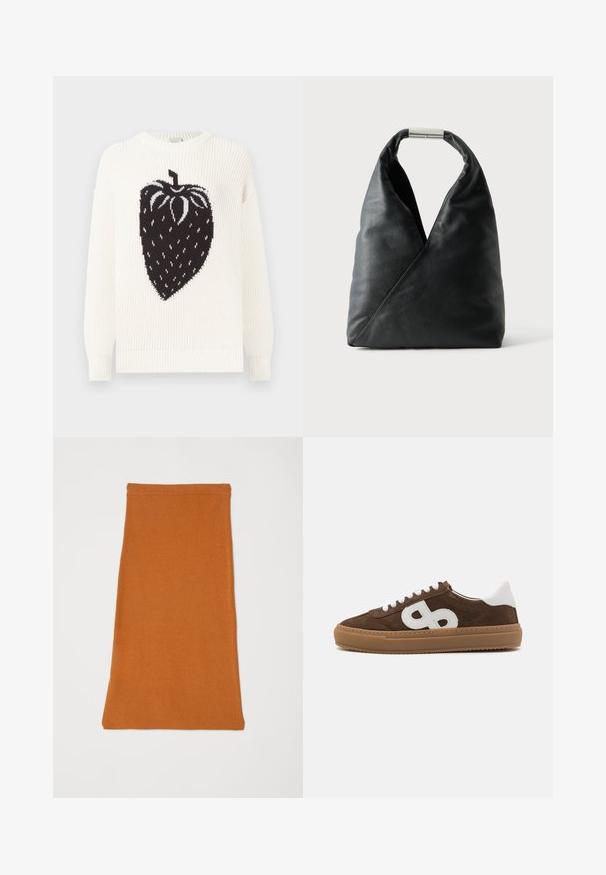 Pull en maille blanche avec un grand motif fraise noire au centre. La texture est côtelée avec un col rond et des épaules tombantes.; Jupe en tissu orange et extensible avec une texture lisse, présentant un design simple et ajusté, avec un ourlet droit. Aucun matériel ou motif visible.; Baskets en daim marron avec des accents en cuir blanc, présentant un logo blanc bien visible, un bout rond, un laçage plat et une semelle en caoutchouc gomme.; Sac à main en cuir noir avec une forme triangulaire douce et une poignée à fermoir métallique argenté sur fond blanc uni.