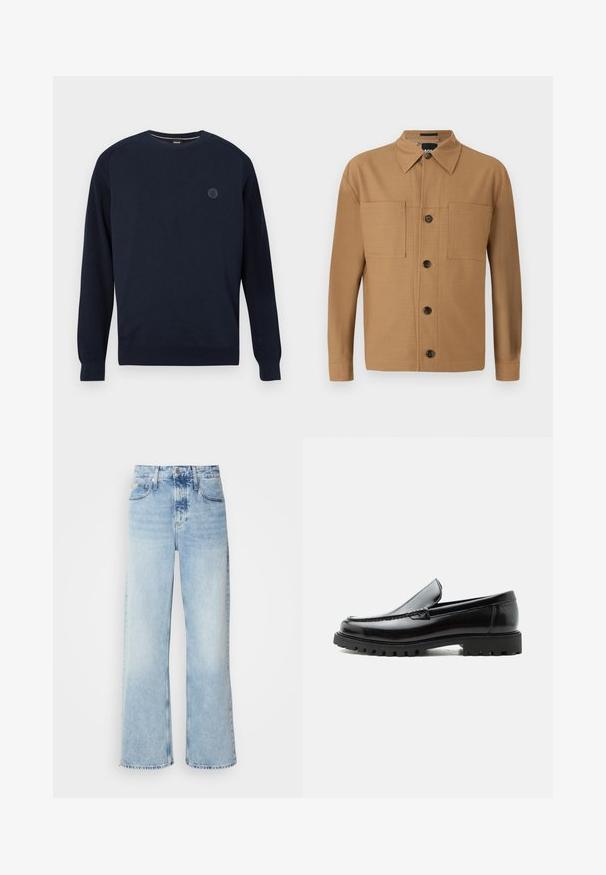Pull à col rond bleu marine en tissu tricoté, avec des poignets et un ourlet côtelés. Un logo circulaire est positionné sur la poitrine.; BOSS CRAIG - Chemise - medium beige; Jean large bleu clair à taille haute, avec une finition délavée, des passants de ceinture et un design classique à cinq poches. L'ourlet est brut.; Mocassin en cuir noir avec semelle en caoutchouc épaisse, dessus cousu et nom de marque embossé sur le talon, présenté de profil sur fond blanc.