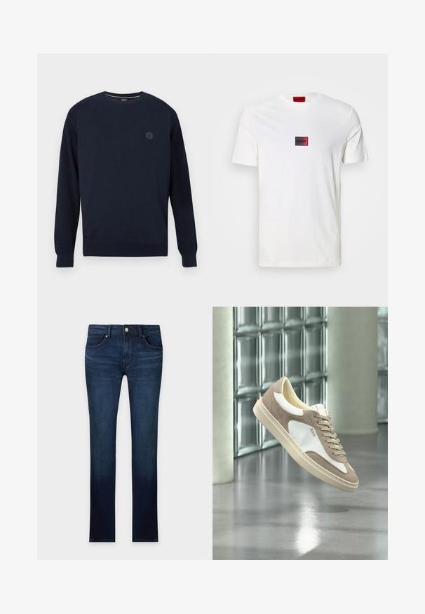 Marineblå crewneck sweater lavet af strikket stof, med ribbede manchetter og kant. Et rundt logo er placeret på brystet.; Hvid bomuld T-shirt med et lille rektangulært logo i rødt og sort, centreret på brystet. Korte ærmer, rund halsudskæring.; Smaltsiddende mørkeblå denimjeans med forlommer, bæltestropper og knaplukning, vist fladt på en hvid baggrund.; Beige og hvid ruskindssneaker med snørebånd og "BOSS"-logo, der svæver over en poleret beton gulv med glasblokvægge i baggrunden.
