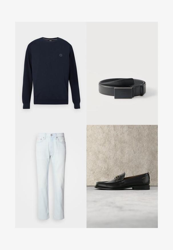 Marineblauwe crewneck sweater van gebreide stof, met ribbels aan de mouwen en onderkant. Een ronde logo is op de borst geplaatst.; Lichtblauwe denim jeans met een rechte pijp. Voorzien van een knoopsluiting en riemlussen, met een vervaagde textuur en minimale stiksels.; Zwarte leren loafer met gouden metalen gesp en "HUGO" branding, weergegeven tegen een beige tapijt en bruin doorschijnend meubilair.; Zwarte leren riem opgerold met een rechthoekige matte zwarte gesp en een discreet geperst logo op een witte achtergrond.