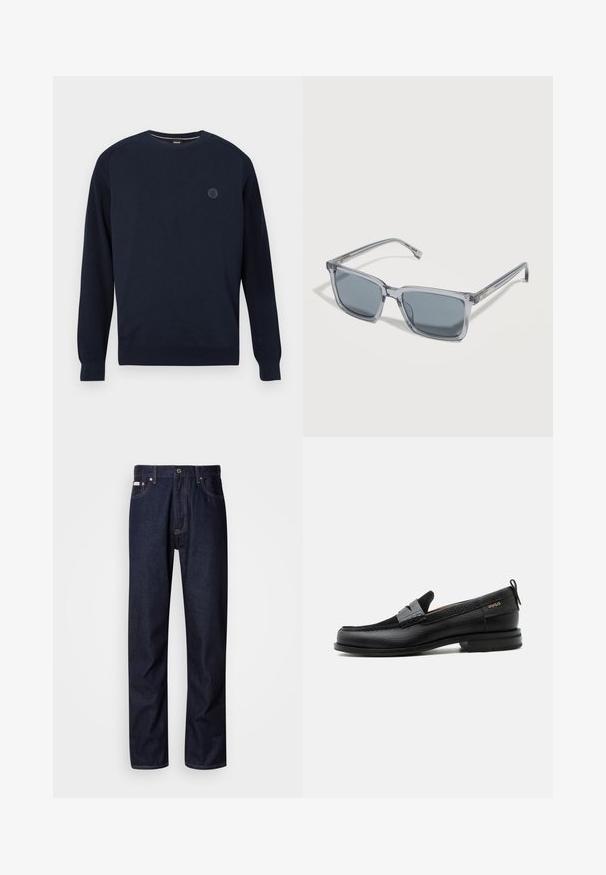 Marineblaues Rundhals-Pullover aus Strickstoff mit gerippten Ärmelbündchen und Saum. Ein rundes Logo befindet sich auf der Brust.; Dunkelblaue Denim-Jeans mit geradem Bein, ausgestattet mit einem Knopfverschluss, fünf Taschen und kontrastierenden Nähten.; Schwarzer Lederloafer mit grauem Riemendetail, niedrigem Absatz und strukturierter Sohle, seitlich mit „HUGO“ in Gold gebrandmarkt.; Rechteckige, grau getönte Sonnenbrille mit transparenten, grauen Kunststofffassungen und dünnen Bügeln, dargestellt auf einer weißen Oberfläche.