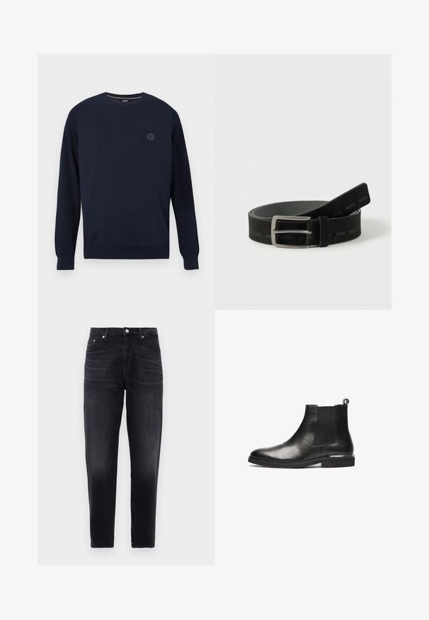 Marineblaues Rundhals-Pullover aus Strickstoff mit gerippten Ärmelbündchen und Saum. Ein rundes Logo befindet sich auf der Brust.; Schwarze Slim-Fit-Jeans mit fünf Taschen, Knopf vorne und dezenten Ausbleichungen an den Oberschenkeln, vor einem weißen Hintergrund präsentiert.; Schwarze Leder Chelsea-Boots mit elastischen Seiten, runder Zehenpartie und einem Zugtab. Sie verfügen über eine glatte Textur und einen niedrigen Absatz.; Schwarzer Ledergürtel mit silberner rechteckiger Schnalle, geprägt mit wiederholtem "BOSS"-Logo, auf weißem Hintergrund aufgewickelt.