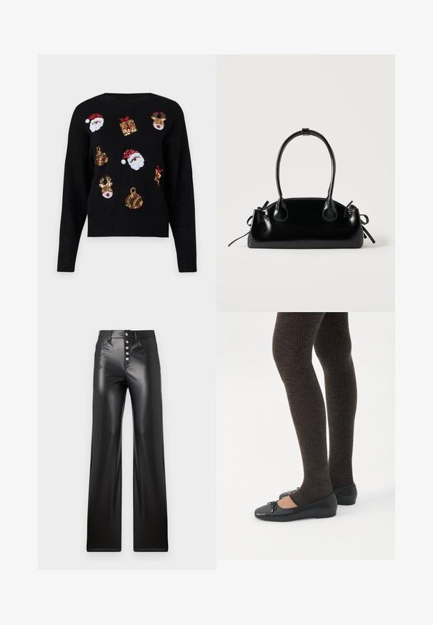 Sort sweater med lange ærmer, der har festlige motiver: Rudolf ansigt, gaveæsker og pynt i røde, grønne, guld og hvide paljetter.; ONLY ONLSMOOTH - Bukser - black; Ben iført mørke ribbede leggings kombineret med sorte balletsko med små sløjfedetaljer på hvid baggrund.; Lille sort blank håndtaske med to lange håndtag og snøre-detaljer i siden på en ensfarvet lys baggrund.