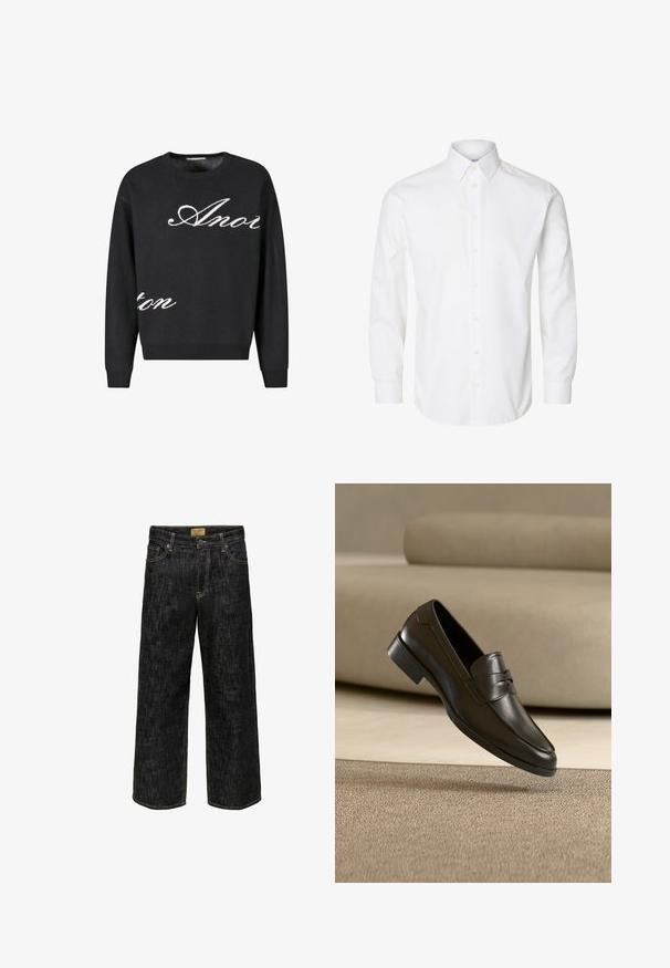 Suéter negro de punto con cuello redondo, con el texto en cursiva blanca "Anon" en la parte frontal. Puños y dobladillo acanalados.; Camisa blanca de manga larga con cuello puntiagudo, botones visibles en la parte delantera y puños abotonados.; Jeans negros de pierna ancha con una textura desgastada, que cuentan con un diseño tradicional de cinco bolsillos, cierre con botón superior y cremallera, y costuras en contraste.; Zapato mocasín de cuero negro flotando sobre una alfombra beige con un sofá beige en el fondo, mostrando el diseño clásico para hombres sin cordones.