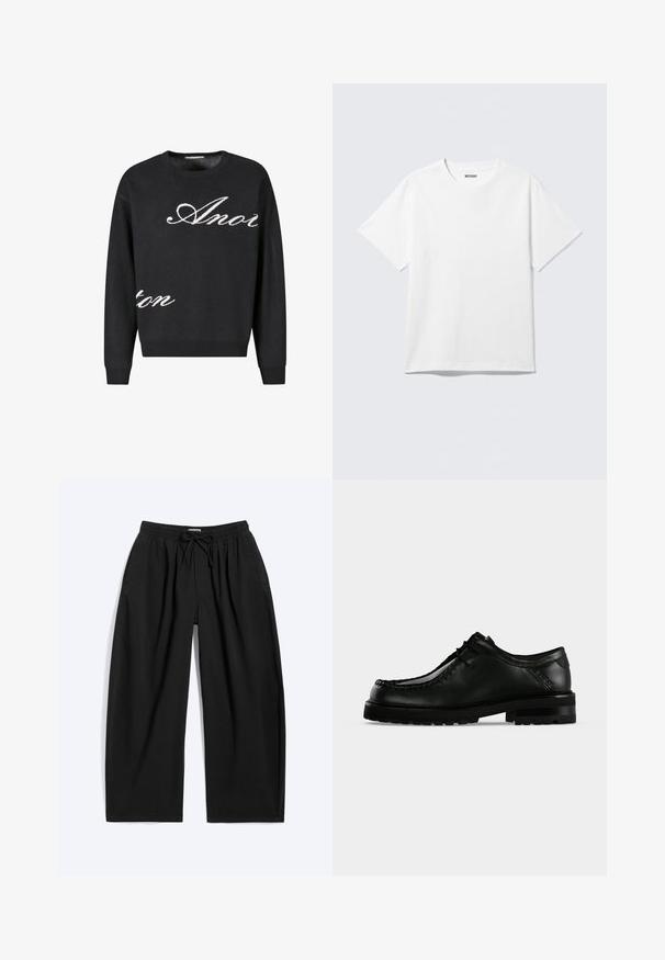 Pull en maille noir avec encolure ras du cou, comportant du texte en cursive blanc « Anon » sur le devant. Poignets et ourlet côtelés.; T-shirt blanc à manches courtes et col rond, étalé à plat, design uni, avec l'étiquette "WEEKDAY" à l'intérieur du col sur un fond clair.; Pantalon noir à jambes larges avec taille élastique et cordon, avec poches latérales et coupe décontractée.; Chaussure en cuir noir à lacets avec semelle épaisse en caoutchouc et couture moc toe, vue de profil gauche sur fond clair uni.