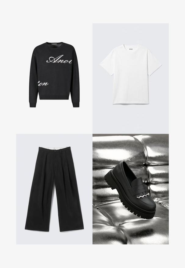 Suéter negro de punto con cuello redondo, con el texto en cursiva blanca "Anon" en la parte frontal. Puños y dobladillo acanalados.; Camiseta blanca de manga corta con cuello redondo, colocada plana, diseño liso, con etiqueta "WEEKDAY" en el interior del cuello sobre un fondo claro.; Pantalones anchos negros con pliegues, trabillas para cinturón y cierre de botón, mostrados sobre un fondo gris claro.; Mocasín de cuero negro con suela gruesa y texturizada. Presenta un adorno decorativo plateado en forma de zigzag en el frente. Colocado sobre un fondo plateado brillante.
