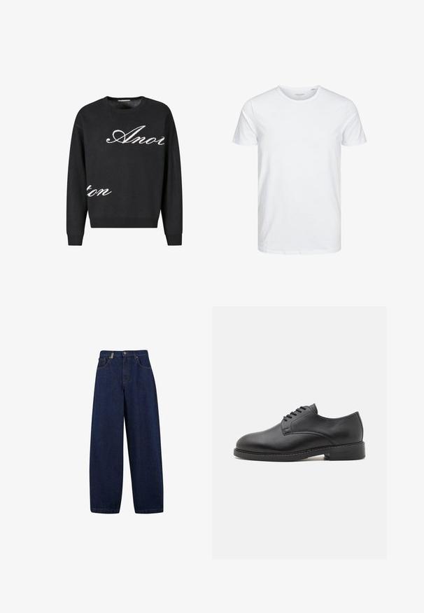 Suéter negro de punto con cuello redondo, con el texto en cursiva blanca "Anon" en la parte frontal. Puños y dobladillo acanalados.; Camiseta de manga corta y cuello redondo en blanco sólido, fabricada en algodón suave, presenta un diseño simple sin patrones ni acentos visibles.; Vaqueros de mezclilla oscuros de corte holgado con cintura alta, bolsillos delanteros y diseño de pierna recta. Incluye herrajes en tono plateado y costuras mínimas.; Zapato oxford de cuero negro con punta redonda, que presenta un acabado suave, cierre de cordones con cinco ojales y un tacón bajo apilado.