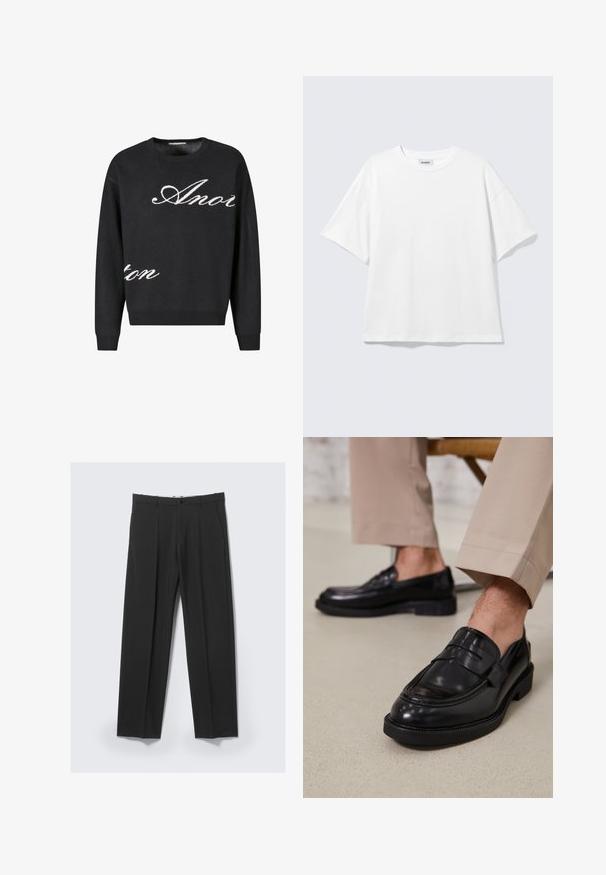 Zwarte gebreide trui met een ronde hals, voorzien van witte cursieve tekst "Anon" op de voorkant. Ribgebreide boorden en onderrand.; Witte oversized T-shirt met korte mouwen, ronde hals en verlaagde schouders, plat op een lichtgrijze achtergrond.; Zwarte op maat gemaakte broek met plooien aan de voorkant, zijzakken, riemlussen en knoopsluiting in de tailleband op een lichte achtergrond.; Zwarte leren loafers met een gladde afwerking, voorzien van een decoratieve band en contrasterende stiksels, gecombineerd met beige broeken.