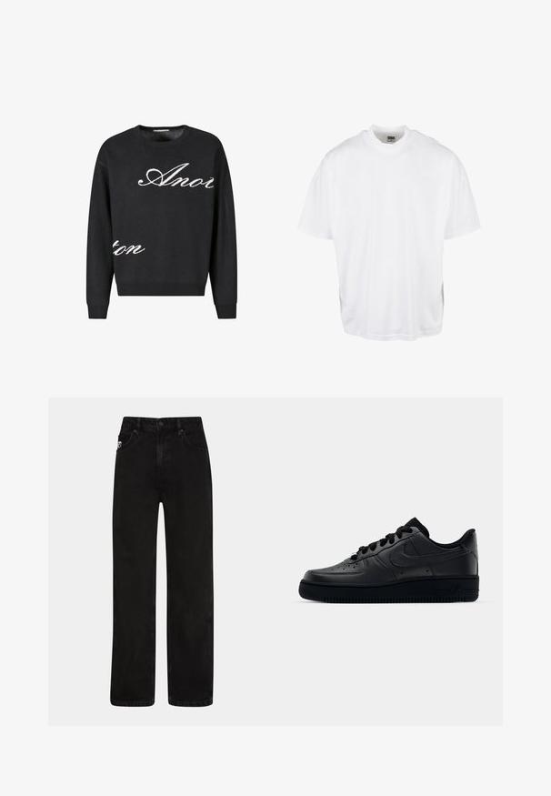 Suéter negro de punto con cuello redondo, con el texto en cursiva blanca "Anon" en la parte frontal. Puños y dobladillo acanalados.; Camiseta de algodón blanca con un corte relajado, mangas cortas y cuello redondo, que presenta un dobladillo recto y sin gráficos ni patrones visibles.; Vaqueros de mezclilla negra con corte recto, que cuentan con bolsillos delanteros, cierre de botón y una pequeña etiqueta con el logo en la cintura.; Zapatilla Nike Air Force 1 negra con parte superior de cuero liso, puntera perforada para transpirabilidad, cordones negros y suela de goma texturizada.