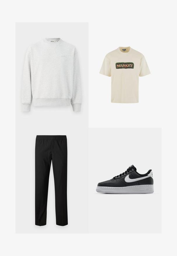 Grauer Pullover mit Rundhalsausschnitt, gerippten Bündchen und Saum. Hergestellt aus einem weichen Stoff, mit einem kleinen Logo auf der Brust.; Cremefarbenes Baumwoll-T-Shirt mit einer rechteckigen grünen Stickerei mit floralen Akzenten, die "MARKET" in lebendigen Farben spellt. Klassischer Rundhalsausschnitt.; Schwarze Hose mit geradem Bein und elastischem Bund, ohne sichtbare Taschen oder Verzierungen.; Schwarze Ledersneaker mit strukturierten Oberflächen, weißem Nike-Swoosh, grauer Sohle, runder Zehenpartie und Schnürdesign. Verfügt über Perforationen an der Zehenbox.