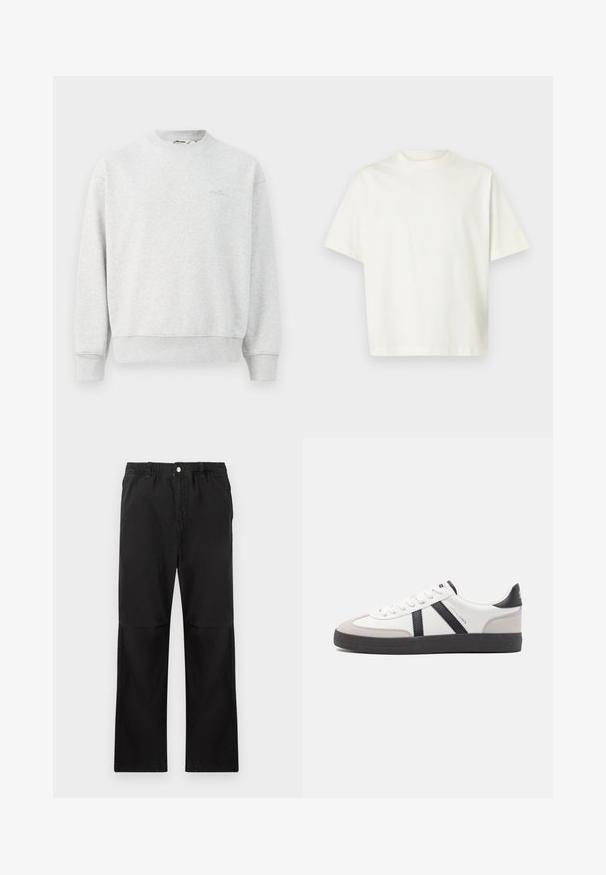 Grauer Pullover mit Rundhalsausschnitt, gerippten Bündchen und Saum. Hergestellt aus einem weichen Stoff, mit einem kleinen Logo auf der Brust.; Kurzärmeliges, schlichtes weißes T-Shirt mit lockerem Schnitt und rundem Ausschnitt, dargestellt vor einem hellgrauen Hintergrund.; Schwarze Baumwollhosen mit einem elastischen Bund, gerade geschnitten, mit glatter Textur und ohne sichtbare Akzente oder Muster.; Weiße Sneaker mit schwarz- und grau-aczenten, ausgestattet mit einer strukturierten grauen Zehenkappe, schwarzer Gummi-Sohle und flachen weißen Schnürsenkeln. Sauberes Design, minimalistische Stil.