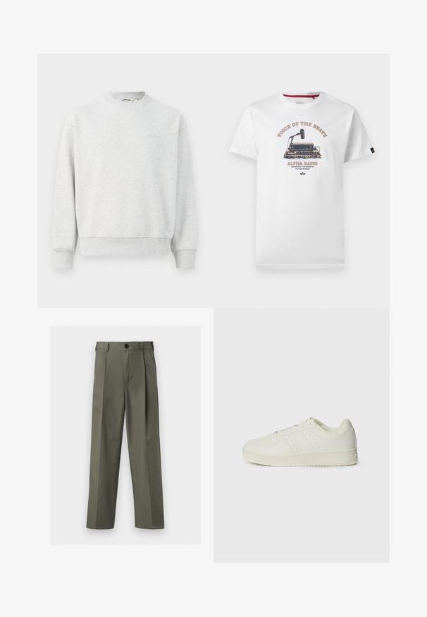 Grijze sweatshirt met een ronde hals, geribbelde mouwen en zoom. Gemaakt van een zachte stof, met een klein logo op de borst.; Wit T-shirt met afbeelding van een ouderwetse radio en microfoon, tekst "Stem van de Dapperen" en "Alpha Radio Brengt de Missie naar de Straat."; Olijfgroene rechte broek met riemlussen, knoop aan de voorkant en geplooide details.; Witte sneakers met een gladde lederen textuur, vetersysteem, geperforeerde details en drie diagonale stripes aan de zijkant. Rubberen zool.