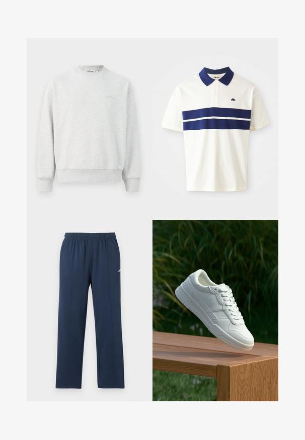 Grijze sweatshirt met een ronde hals, geribbelde mouwen en zoom. Gemaakt van een zachte stof, met een klein logo op de borst.; Witte poloshirt met marineblauwe strepen over de borst en kraag. Bevat korte mouwen en een klein logo aan de linkerkant nabij de kraag.; Navyblauwe sweatpants met rechte pijpen, een elastische tailleband en subtiele verticale naden, met een klein wit logo op het bovenbeen.; Witte leren sneaker met een gladde textuur, voorzien van een geperforeerd ontwerp, klassieke vetersluiting en rubberen zool, gepositioneerd boven een houten oppervlak.
