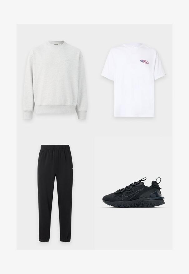 Grå sweatshirts med rund hals, ribbede ærmer og bund. Lavet af et blødt stof, med et lille logo på brystet.; Hvid T-shirt med korte ærmer og en lille oval formet lyserød og blå logo på venstre bryst, placeret mod en ensfarvet lys baggrund.; Sorte joggingbukser med elastik i taljen og elastiske manchetter, lige pasform og uden synlige udsmykninger, vist mod en lys baggrund.; Sort atletisk sko med en åndbar mesh-overdel, teksturerede detaljer og en bølget gummisål. Har reflekterende logo og snørresystem.
