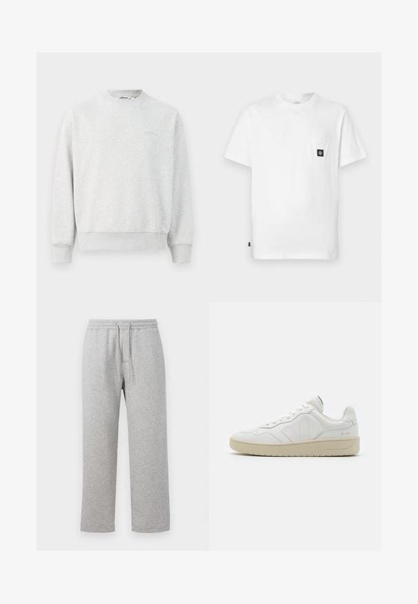 Grå sweatshirts med rund hals, ribbede ærmer og bund. Lavet af et blødt stof, med et lille logo på brystet.; Hvid bomulds T-shirt med rund halsudskæring, korte ærmer og en brystlomme med en sort logopatch. Glat tekstur, løs pasform.; Grå bomulds sweatpants med elastisk talje og snoretræk. Lige ben med syede kanter og ingen lommer.; Hvide lædersneakers med struktureret overflade og polstret krave. Har en beige gummisål og diskret branding på hælen og siden.