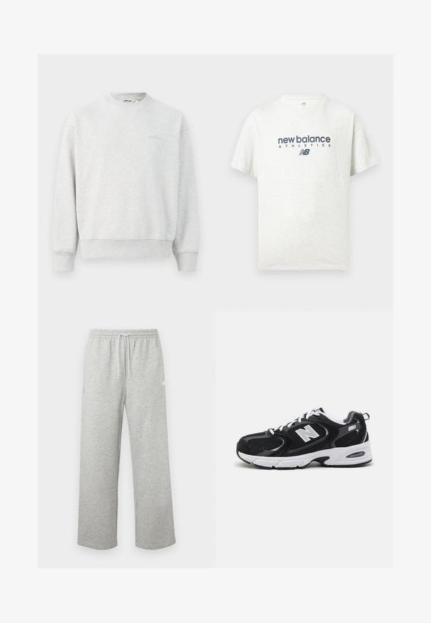 Grå sweatshirts med rund hals, ribbede ærmer og bund. Lavet af et blødt stof, med et lille logo på brystet.; Hvid kortærmet T-shirt med rund hals og trykket "new balance ATHLETICS" samt "NB"-logo i mørkeblå på midten foran.; Lysegrå joggingbukser med snøre i taljen, elastisk taljebånd og løse, lige ben, vist på ensfarvet baggrund.; Sorte og grå sportssko med mesh og ruskind på overdelen, der har en hvid mellemsål, snørebånd og et iøjnefaldende "N" logo på siden.