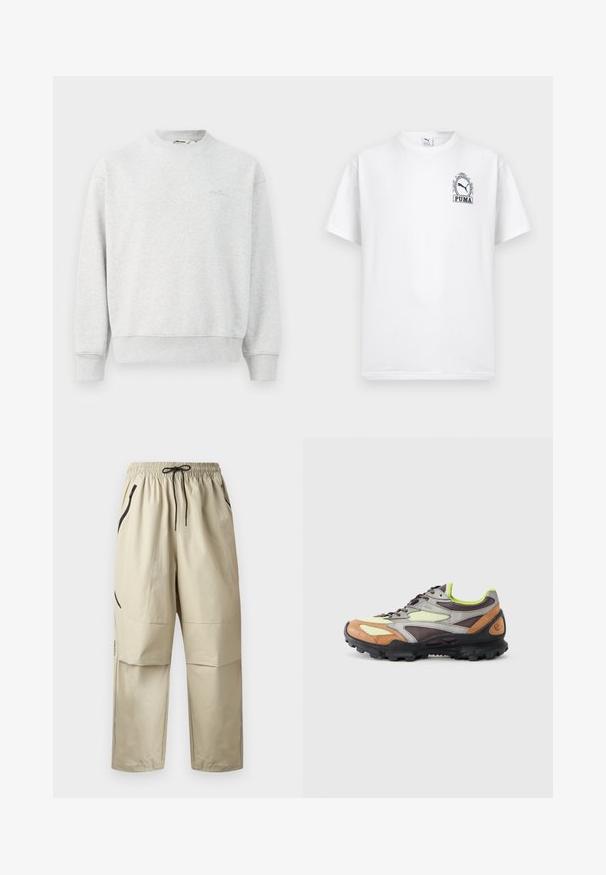 Grauer Pullover mit Rundhalsausschnitt, gerippten Bündchen und Saum. Hergestellt aus einem weichen Stoff, mit einem kleinen Logo auf der Brust.; Weißes Puma-T-Shirt mit kurzen Ärmeln, kleinem schwarzem Puma-Logo und dekorativem Rahmen auf der linken Brust.; Beige leichte Hose mit elastischem Bund, schwarzem Kordelzug und Reißverschlusstaschen an den Seiten, frontseitig auf einfarbigem Hintergrund dargestellt.; Mehrfarbiger Sneaker mit einer Mischung aus braunen, grauen und gelben Materialien. Obermaterial aus strukturiertem Stoff mit schwarzer Gummisohle und grünen Akzenten.