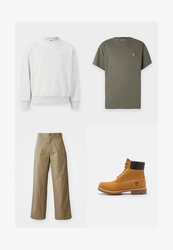 Grå sweatshirts med rund hals, ribbede ærmer og bund. Lavet af et blødt stof, med et lille logo på brystet.; Olivengrøn T-shirt med rund hals og korte ærmer, lavet af bomuld, med en lille orange logo på venstre bryst.; Khaki bredde ben bukser lavet af bomuldsblandingsstof, med en enkelt knaplukning og synlige sidelommer. Glat tekstur, plisseret detalje.; Brune læder ankelstøvle med metaløjer, hvid pelsforing, sort polstret krave, robust sål og præget logo på siden.