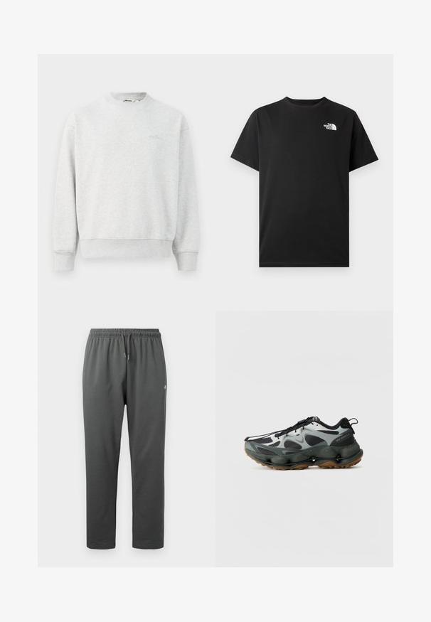 Grå sweatshirts med rund hals, ribbede ærmer og bund. Lavet af et blødt stof, med et lille logo på brystet.; Sort bomuld T-shirt med korte ærmer, rund halsudskæring og en lille hvid logo på venstre brystområde. Glat tekstur, standard pasform.; Mørkegrå fleece-sweatpants med elastisk taljebånd og snor, med en lille logo på højre lår.; Sorte og grå atletiksko med mesh-overdel, skulptureret sål og gummisål. Har et sikkert snøresystem og en trækflap ved hælen.