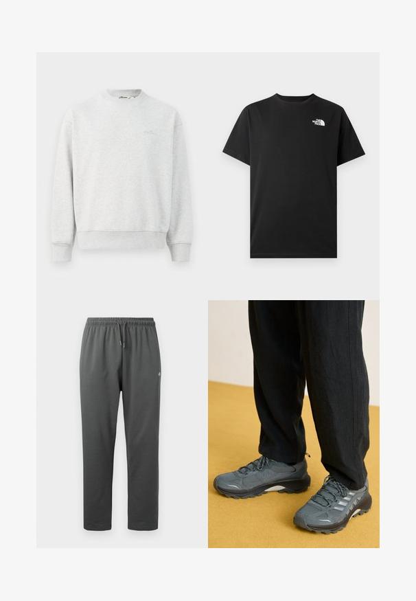 Grå sweatshirts med rund hals, ribbede ærmer og bund. Lavet af et blødt stof, med et lille logo på brystet.; Sort bomuld T-shirt med korte ærmer, rund halsudskæring og en lille hvid logo på venstre brystområde. Glat tekstur, standard pasform.; Mørkegrå fleece-sweatpants med elastisk taljebånd og snor, med en lille logo på højre lår.; Grå mesh- og syntetiske sportssko med fremtrædende såler, reflekterende accenter og snørebåndsdesign, parret med løse sorte bukser.