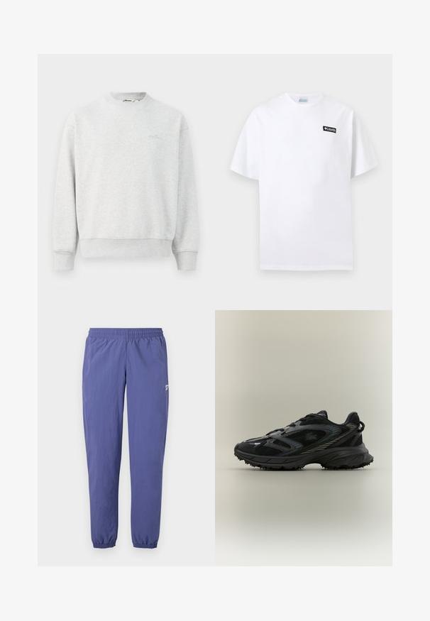 Sweat-shirt gris à col rond, avec des poignets et un ourlet côtelés. Fabriqué en tissu doux, avec un petit logo sur la poitrine.; T-shirt blanc à manches courtes avec un petit écusson noir du logo Columbia sur la poitrine côté gauche, sur un fond uni.; Pantalons de coupe-vent violets avec une ceinture élastique, des jambes fuselées, des poignets élastiques et une poche latérale arborant un petit détail de logo.; Chaussure de sport noire avec des panneaux en mesh, une semelle texturée, des lacets et une silhouette courbée avec des accents argentés sur les côtés.
