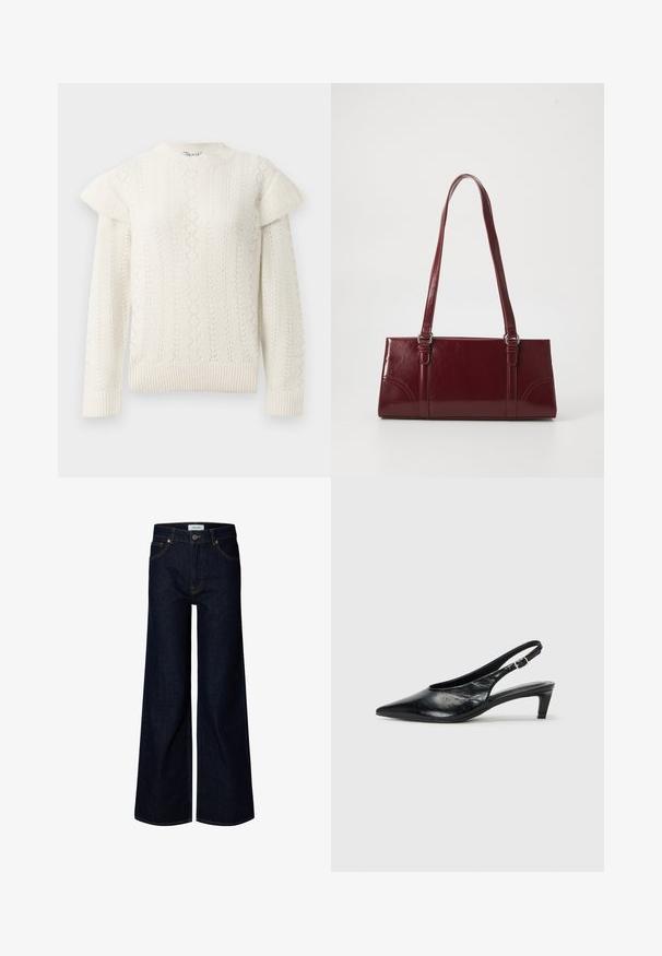 Pull en tricot blanc, à manches longues, avec des détails en volants sur les épaules, des poignets côtelés et un ourlet également côtelé.; Jean en denim bleu foncé à jambes larges avec bouton et fermeture éclair à l'avant, passants de ceinture et poches avant, présenté sur fond blanc.; Escarpin à bride arrière en cuir noir avec un bout pointu, un petit talon et une sangle à boucle réglable. Texture lisse avec un minimalisme dans les détails.; Sac à main bordeaux en matériau brillant, de forme rectangulaire, avec deux anses et des accents légèrement courbés à l'avant.