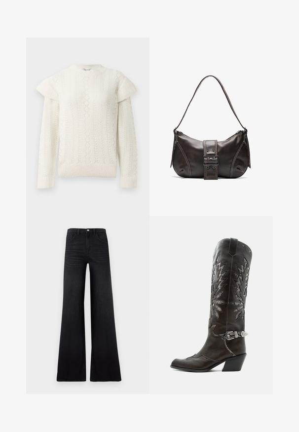 Pull en tricot blanc, à manches longues, avec des détails en volants sur les épaules, des poignets côtelés et un ourlet également côtelé.; Jean noir à jambes larges en denim, avec une taille haute, des poches avant, et une finition lisse et texturée avec une décoloration minimale.; Botte de cowboy en cuir noir avec découpes décoratives, boucle argentée et talon incliné, présentée sur fond blanc.; Sac à épaule en cuir marron avec une forme courbée, présentant un détail de boucle proéminent, des coutures contrastantes et une seule bandoulière.