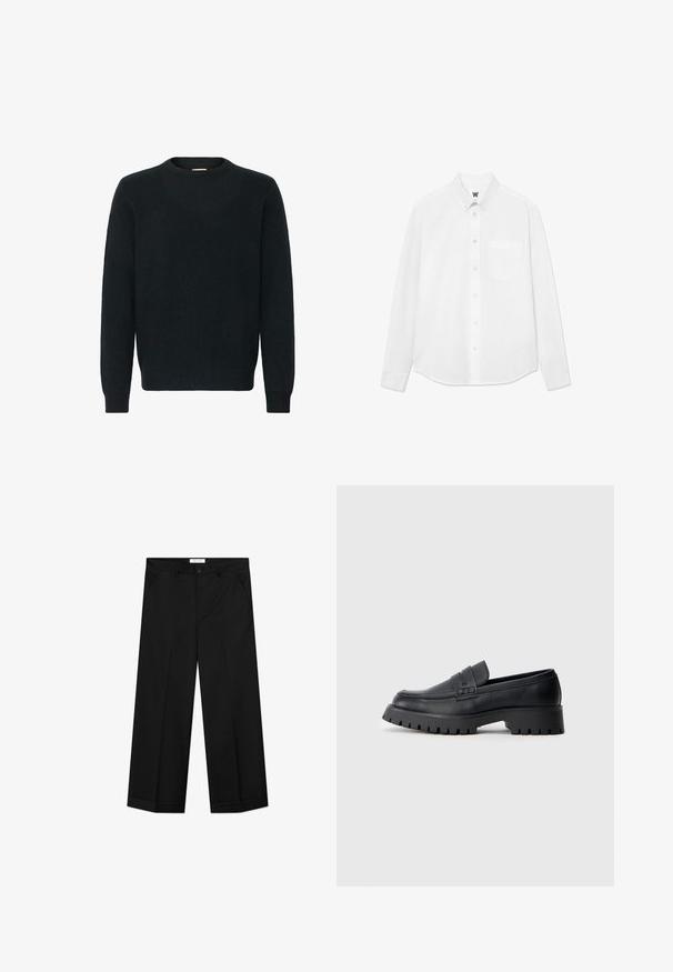 Sort crewneck sweater lavet af et blødt strikket materiale. Lange ærmer, ribbede manchetter og kant med en glat tekstur og minimalistisk design.; Hvid langærmet skjorte med knapper, krave, forlommer og subtil tekstur. Frontlukning har knapper og et lille logo-detalje.; Sorte bukser med vide ben lavet af et glat materiale, med forlommer, knaplåsning og en presset rille ned langs hvert ben.; Sorte læder loafers med en rund tå, prydet med en dekorativ rem og en kraftig gummisål med dybe riller for grip.