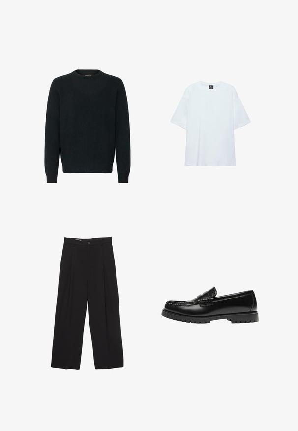 Sort crewneck sweater lavet af et blødt strikket materiale. Lange ærmer, ribbede manchetter og kant med en glat tekstur og minimalistisk design.; Hvid, oversized T-shirt med korte ærmer og rund halsudskæring, med en sort etiket inde i kraven på en hvid baggrund.; Sorte bukser med bred benvidde lavet af glat stof, med flad talje, frontfolder og en enkelt knaplukning.; Sort læderloafer med en kraftig gummisål og klassiske penny-strap detaljer, vist fra ydersiden.